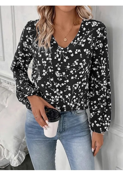 Moderie Butik Kadın Uzun Kollu V Yakalı Çiçek Desenli Modal Bluz Siyah