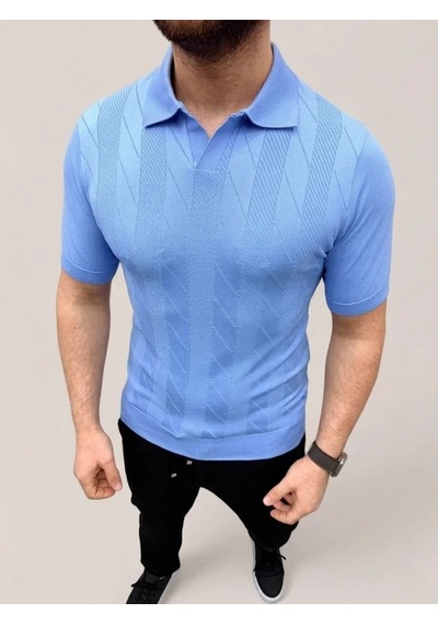 Erkek Yazlık Triko Dokuma Tişört Kısa Kol Polo Yaka T-shirt - Bebek Mavisi Bebe Mavisi