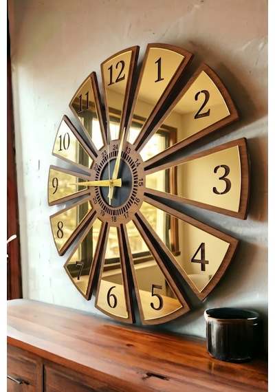 Dekoratif Ahşap Duvar Saati Parçalı Tasarım Modern Duvar Saati Sessiz Mekanizmalı 30x30cm Ahşap - Altın