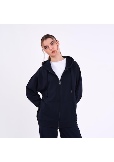 MMetalic Lacivert Kanguru Cepli Kapüşonlu Fermuarlı Oversize Kadın Sweatshirt Lacivert