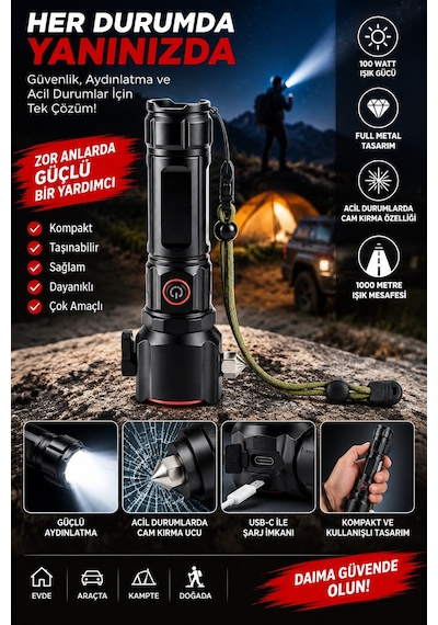 Jasper Jpr-2210 Full Metal Tasarım Çakarlı Zomlu 26650 8800mah Li-ion Bataryaya Sahip El Feneri Siyah