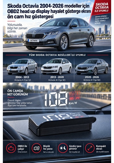 Skoda Octavia 2004-2026 Modeller İçin Obd2 Head Up Display Hayalet Gösterge Ekranı Ön Cam Hız Göstergesi