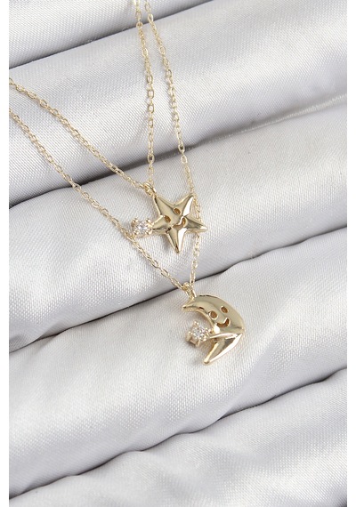 Pirinç Zirkon Taşlı Yıldız Ve Ay Model Gold Renk Kadın Kolye Tdrtr