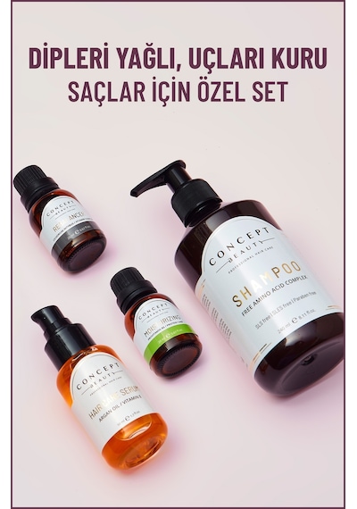 Concept Beauty Dipleri Yağlı Uçları Kuru Saçlara Özel Şampuan + Moisturizing 20 ML + Rebalencer 20 ML + Hair Care Serum 50 ML