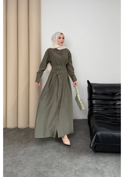 Mihran Butik Valeno Model Coupra Model Kumaş Kemer Detaylı Elbise Haki