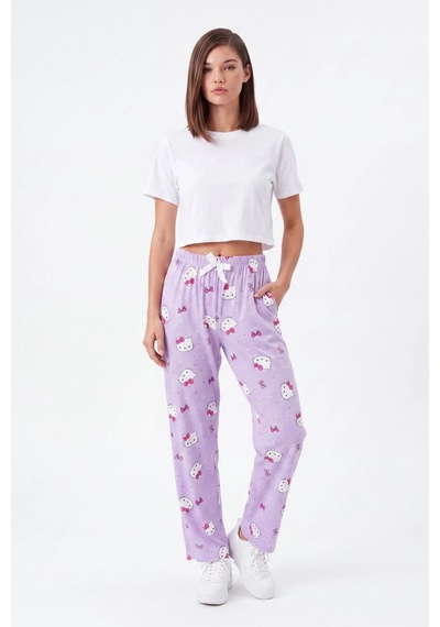 Cemo Kedi Ve Fiyonk Baskılı Beli Lastikli Bağcıklı Pijama Altı 26y-h0020-mr-l Mor