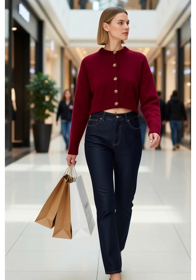 Benerly Kadın Oversize Düğmeli Crop Triko Hırka Yumuşak Dokusuyla Ve Raha Bordo