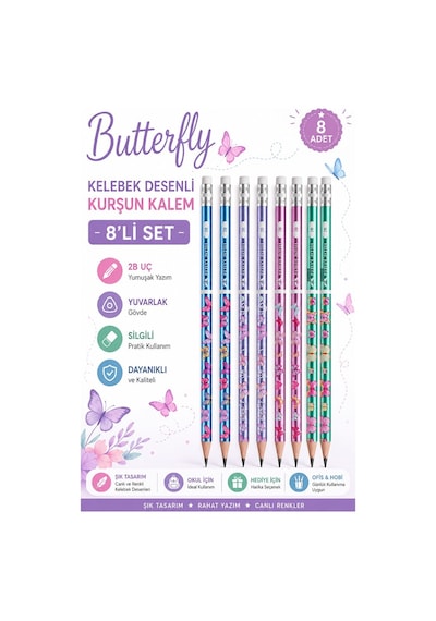 Kelebek Silgili Kurşun Kalem 8 Adet Faber Castell Yuvarlak Gövdeli Siyah Kurşun Kalem Yumuşak Yazım Kolay Tutuş Kaliteli Çok Renkli