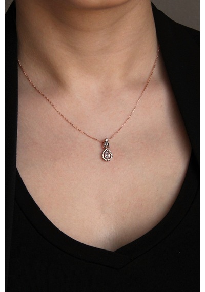 925 Ayar Gümüş Elmas Kesim Damla Kolye Rose Gold