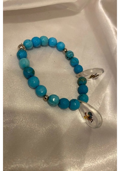 Doğal Taş Bileklik Hand Made El İşi Feng Shui Ejderha Yılı Koruyucu Hayvan Horoz Ve Ejderha Objeli Ve Doğal Turkuaz Taşlı Çok Renkli