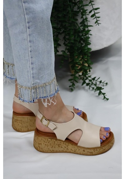 Asmi Shoes Kadın Elena Mantar Taban Ortopedik Sandelet Bej Bej