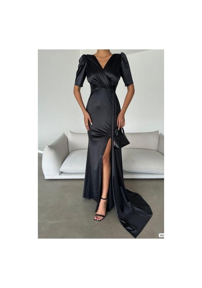 DefyModa Kadın Saten Kumaş Kruvaze Yaka Abiye Elbise Siyah