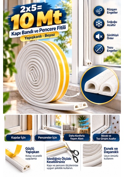 Kapı Bantı Ve Pencere Fitili Bandı Yapışkanlı Beyaz 2 x 5 M