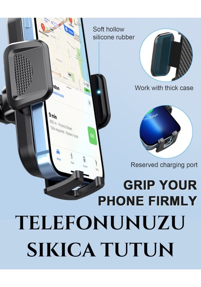 Vakumlu Araç İçi Telefon Tutucu Cam & Torpido Uyumu, 360 Ayarlanabilir Siyah