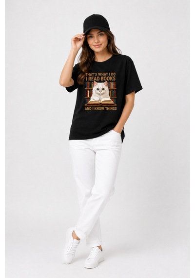 Bayloranzzo The Reader Cat %100 Pamuk Heavy Cotton Premium Kalite Kadın Tişört Siyah