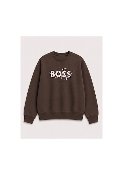 Herkesemoda Baskı Detaylı Şardonlu 2 İplik Bisiklet Yaka Sweatshirt Kahverengi