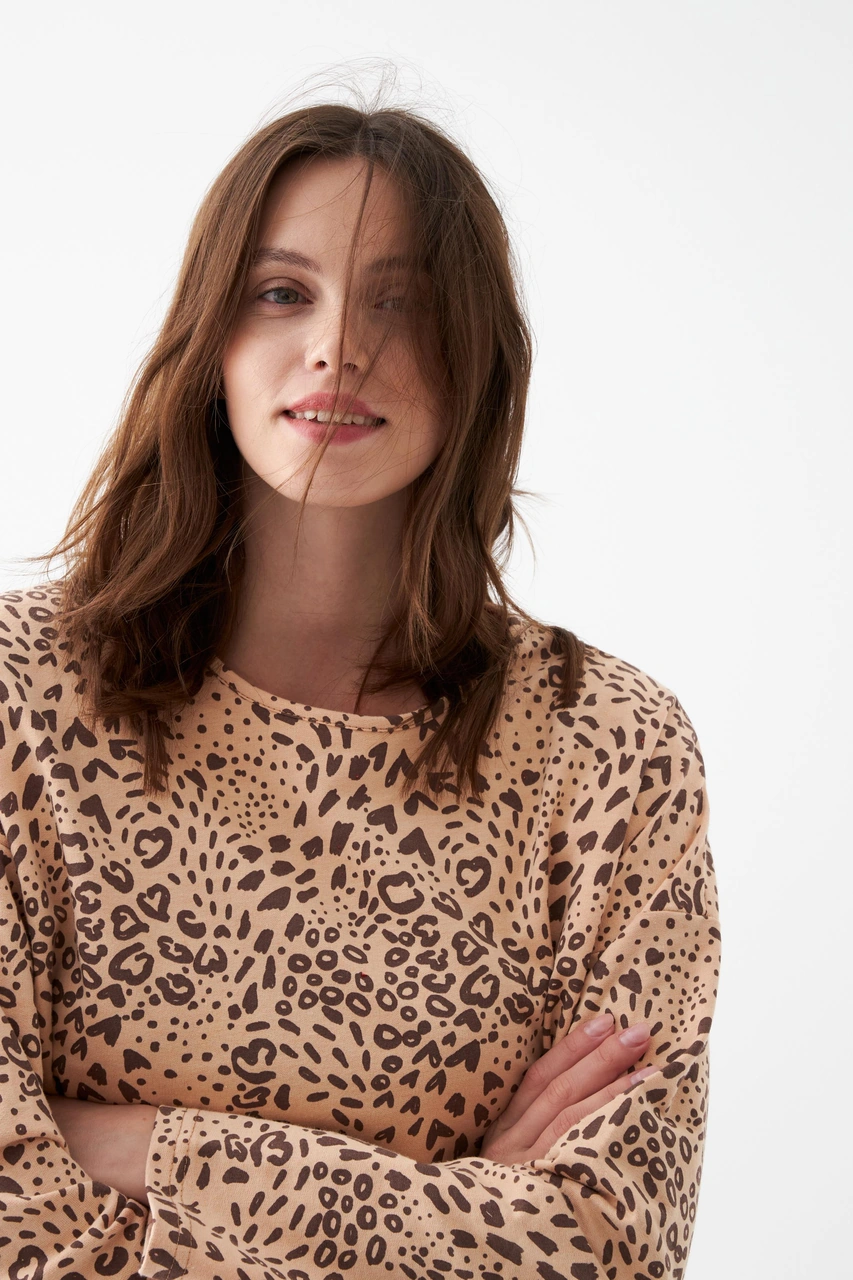 Akbeniz Kadın Oversize Bej Leopar Desenli Pamuklu Kalın Pijama Takımı Bej