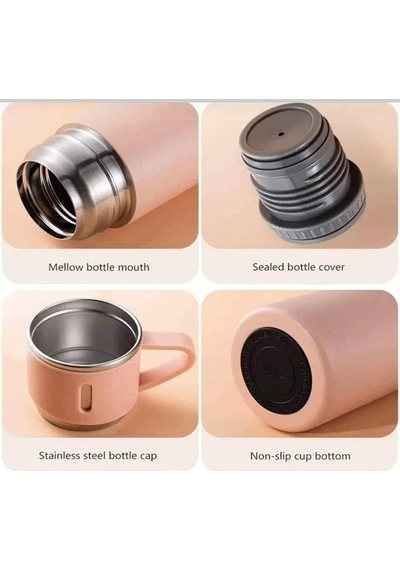 Paslanmaz Çelik 3 Bardaklı Vakumlu Termos Set 500 Ml Pembe