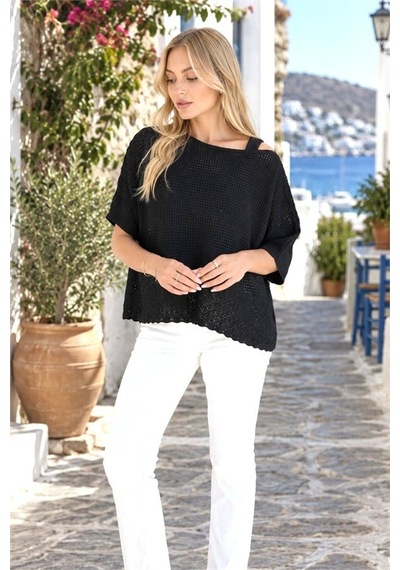 Veraura Lifestyle Siyah Kayık Yaka Ajurlu Triko
