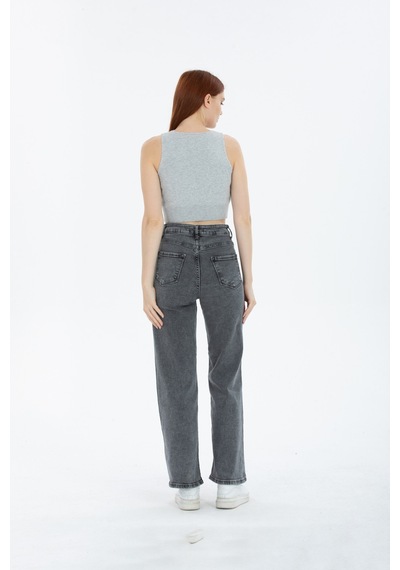 90's Kar Yıkama Kar Gri Likralı Süper Yüksek Bel Wide Leg Salaş Jeans Palazzo Kot Pantolon Gri