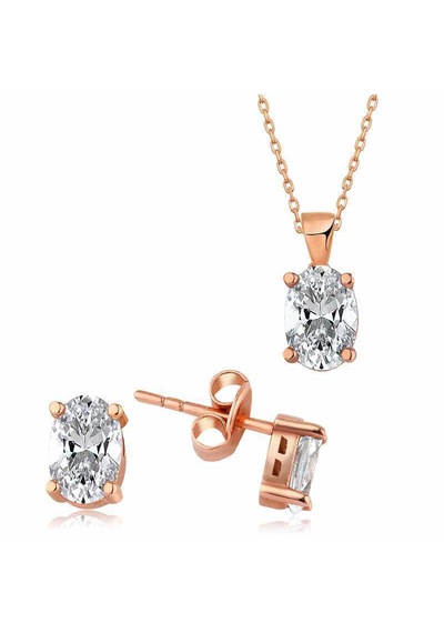 Gümüş Rose Oval Taş İkili Set