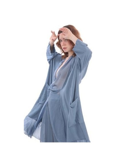 Italyan Ipek Detaylı Oversize Kap Bluz- Wes Pantolon Takım Buz Mavisi Mavi