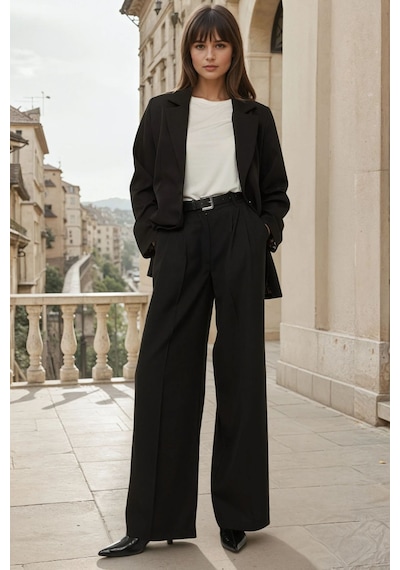 Hiccup Wide Leg Pileli Pantolon Siyah
