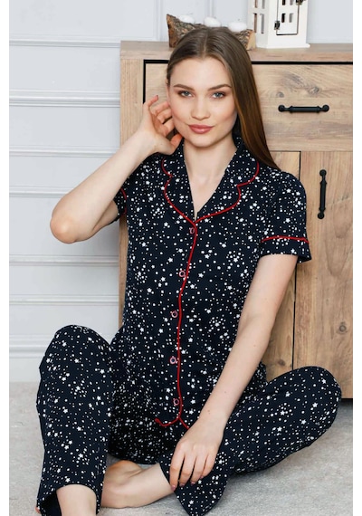 Alimer Kadın Lacivert Yıldız Desenli Kısa Kol Pijama Tkm 2536kk-l Lacivert