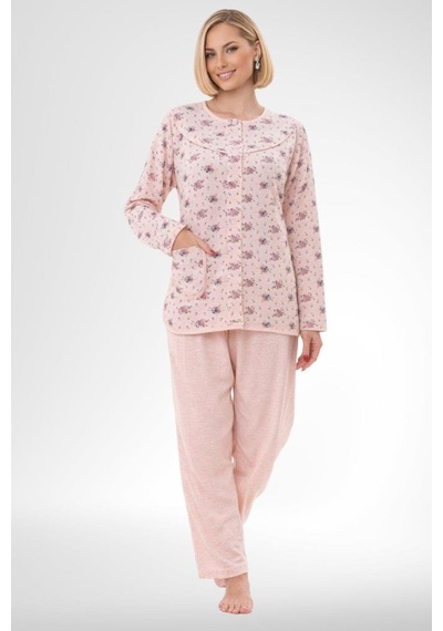 Mecit Pijama Mecit 6315 Pudra Kadın Boydan Düğmeli Büyük Beden Pijama Takımı Pudra
