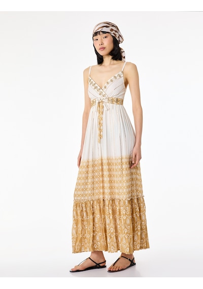 Koton Bağlama Detaylı Etnik Desenli Parıltılı Uzun İnce Askılı Elbise Ekru 6sak80018pw