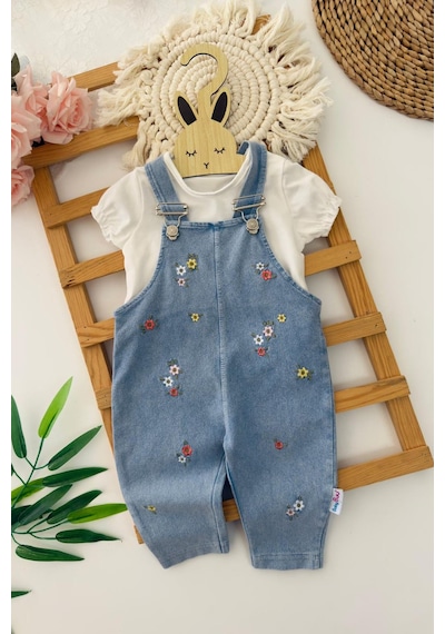 Miniğimin Cicileri Çiçek İşleme Desenli Kız Bebek Yazlık Salopet Takım Ekru