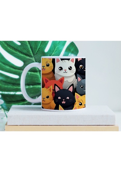 Renkli Kedi Desenli Kupa Bardak Sevimli Yüzlü Kahve Ve Çay Kupası - Hediye Beyaz