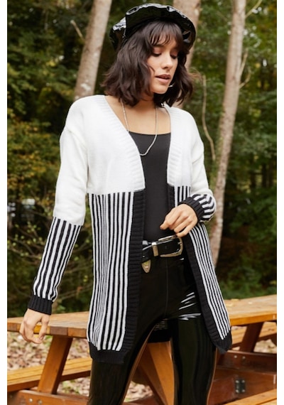 Aqe Fashion Kadın Çizgi Detaylı Ekru Hırka Ekru