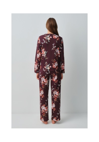 Suwen Mimoza Pamuklu Gömlek Yaka Pijama Takımı Wsh10510154662 Bordo Desenli