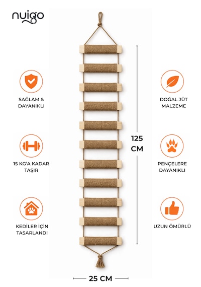 Ahşap Kedi Tırmanma Merdiveni Ve Duvar Köprüsü - Jüt İpli, 11 Basamak, 125 Cm