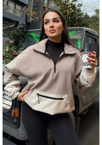 Tommy Life Koyu Bej Etek Ucu Büzgülü Yarım Fermuarlı Oversize Kadın Polar Sweatshirt - 97238 Koyu Bej
