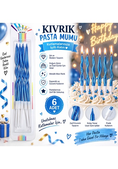 Metalik Mavi Kıvrık Pasta Mumu 6 Adet Doğum Günü Tüm Yaşlar