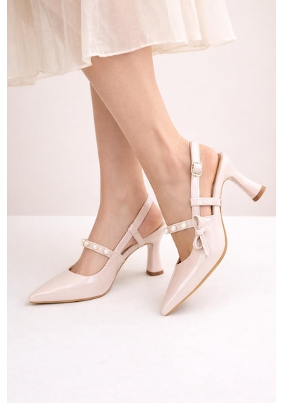 Modaonn Kadın Sivri Burun İnci Detaylı Slingback İnce Topuk Rugan Ayakkabı Bej