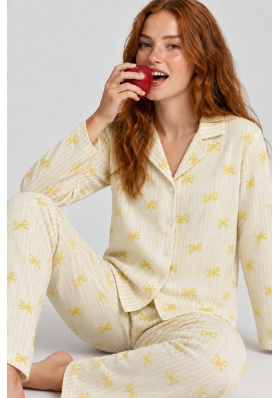 Kadın Çizgili Fiyonk Desenli Sarı Uzun Kollu Pijama Takımı 4796
