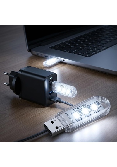 Mini Usb Led, Flash Bellek Görünümlü, Taşınabilir, 3 Led Beyaz Işık, Portatif Gece Lambası