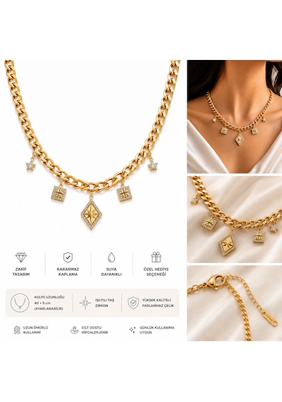 Kadın Gold Renk Çelik Zincir Kolye- Taşlı Yıldız Ve Geometrik Charm Detaylı Şık Kolye Altın