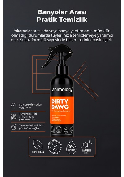 Animology Dirty Dawg Durulama Gerektirmeyen Sprey Köpek Şampuanı 250 Ml
