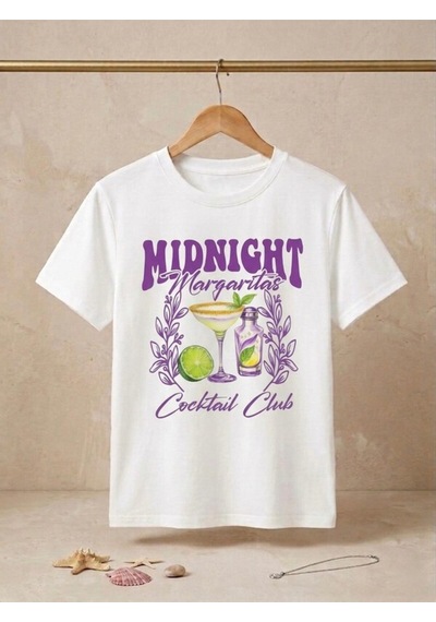 Beyaz Midniinght Margaritas Coctail Baskılı Oversize Kompak T-shirt Beyaz