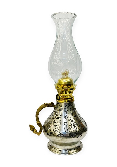İşlemeli Bakır Gaz Lambası Büyük Boy, G10084 Gri