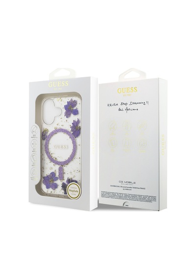 Apple Uyumlu iPhone 17 Kılıf Guess Lisanslı M-safe Özellikli Transparan Resin Flowers Kapak Mor Mor