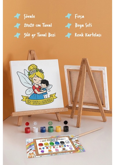 Çocuklar İçin Anneler Günü Boyama Tuvali Şövaleli Boya Seti 20x20 Cm