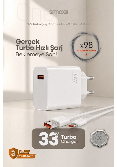 Simex Xiaomi, Redmi, Poco, Uyumlu 33 Watt Hızlı Turbo Şarj Seti Ce Belgeli Sps-19