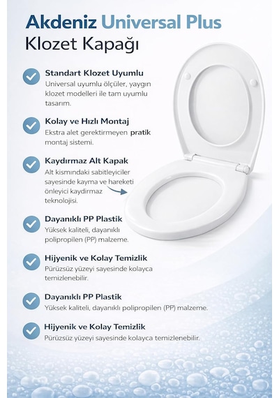 Akdeniz Universal Klozet Kapağı Her Modelle Uyumlu, Kaydırmaz Alt Kapaklı, Kolay Montajlı, Ko Beyaz