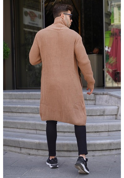 Madmext Camel Dik Yaka Cepli Uzun Triko Hırka 6816-camel Camel