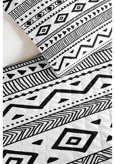 Siyah Geometrik Genç Odası Tek Kişilik Pike Takımı - Bohem Modern 160x220 Cm Kapitone Yatak Örtüsü Kremamsı İz Tonu